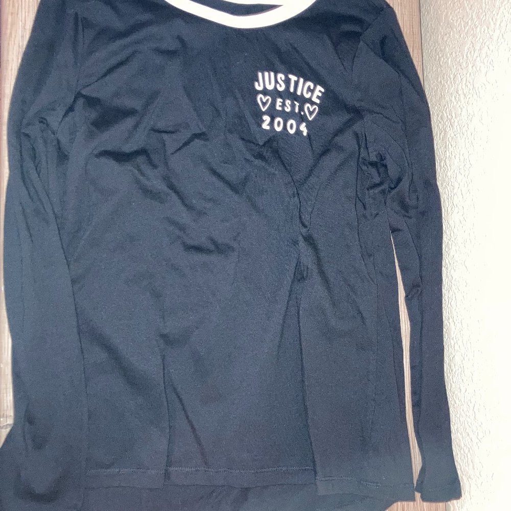 Justice Black Long Sleeve T Shirt Top 10 Cotton Blend White Trim and Logo
